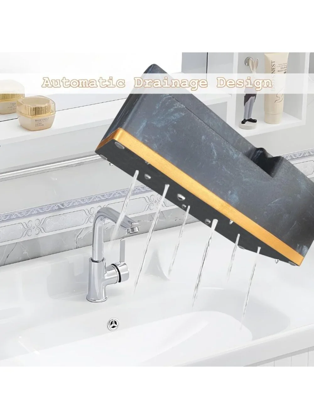 5-Slot Toothbrush Holder & Bathroom Organizer - Black Marble with Gold Accents